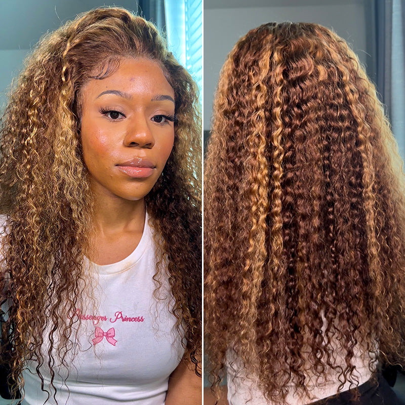 4/27 Honey Blonde Highlight Water Wave 13x6 Lace Front Wigs 100% Human Hair Wigs