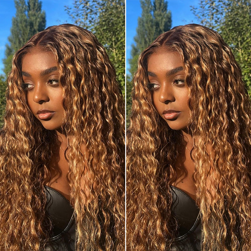 4/27 Honey Blonde Highlight Water Wave 13x6 Lace Front Wigs 100% Human Hair Wigs