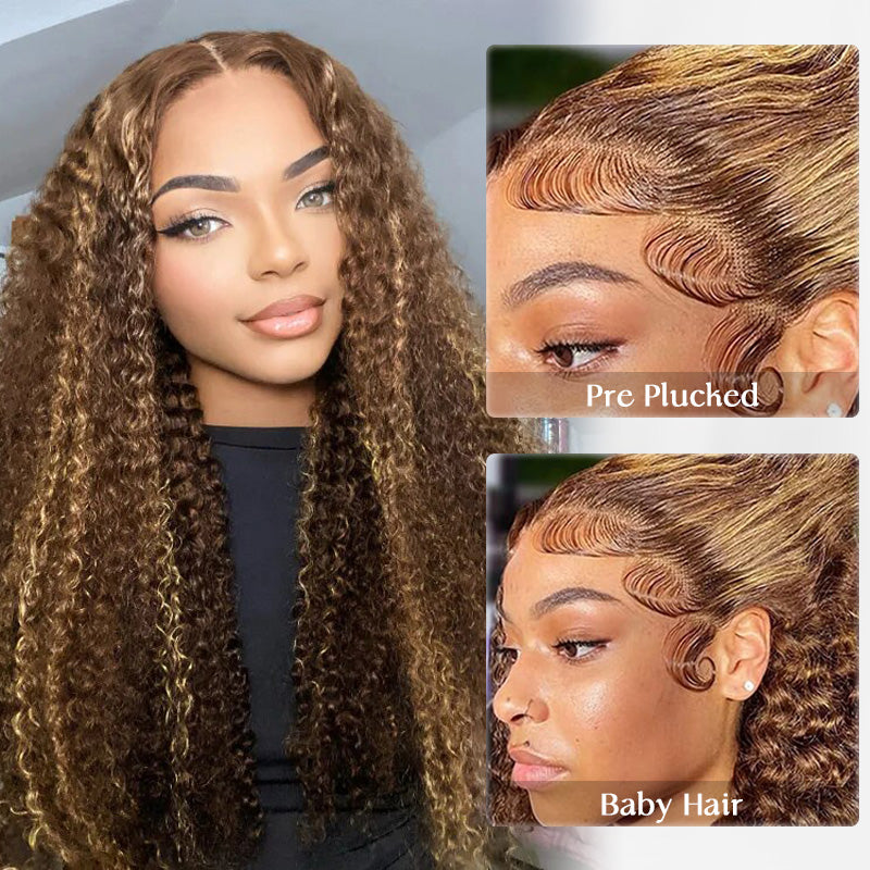 Natural Hairline Kinky Curly Lace Wig #4/27 Honey Blonde Highlights Colored Human Hair Wigs