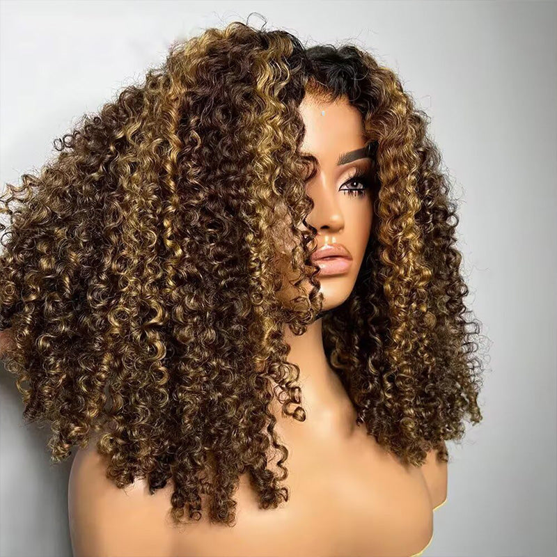 Natural Hairline Kinky Curly Lace Wig #4/27 Honey Blonde Highlights Colored Human Hair Wigs