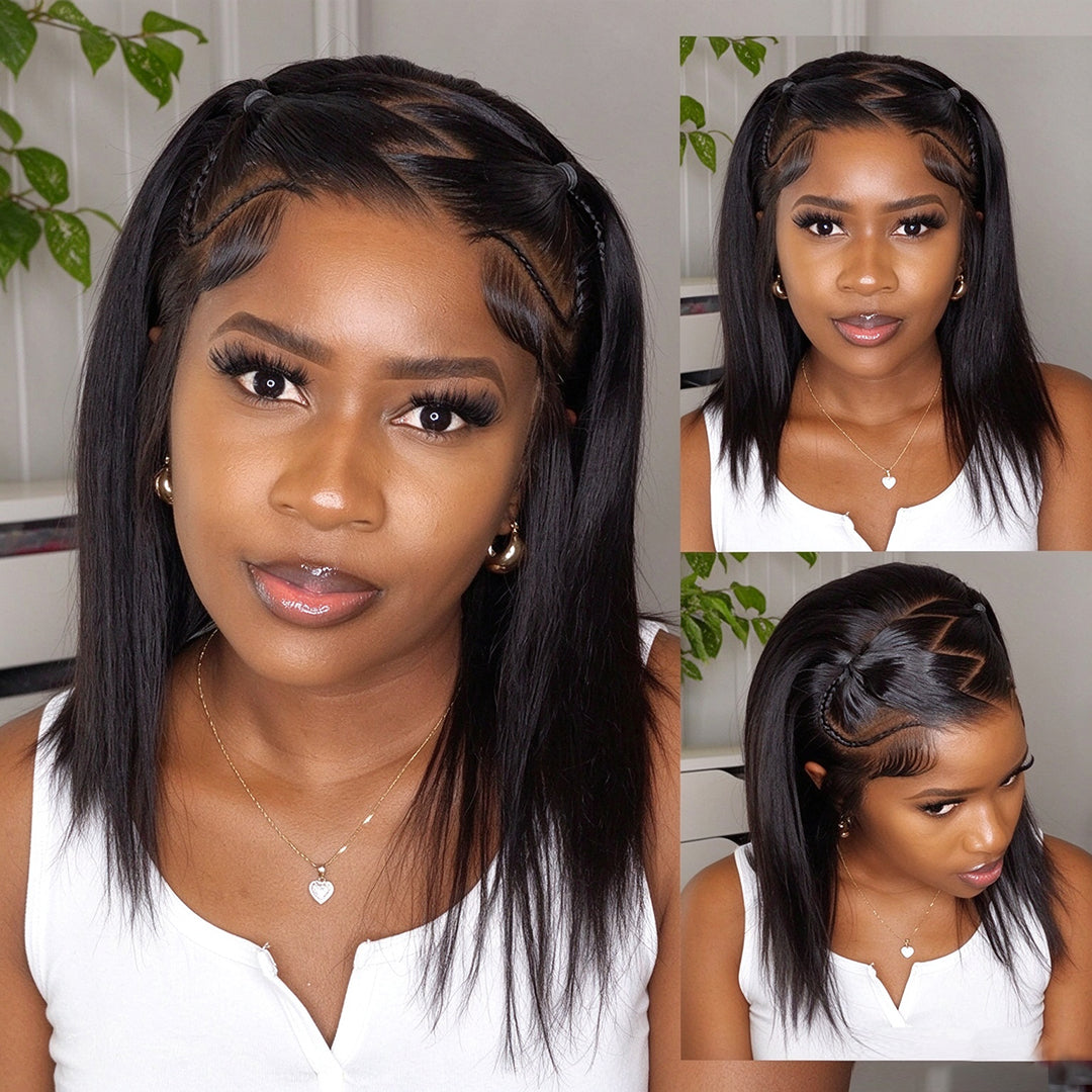 Zlike Short Bob Straight Wigs 13x4 Pre-Cut Lace Front Pre-Styled Ready to Go Human Hair Wigs with Drawstring