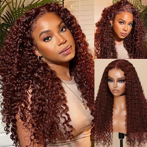 [BOGO] #33 Reddish Brown Kinky Curly Transparent Lace Human Hair Wigs With Baby Hair