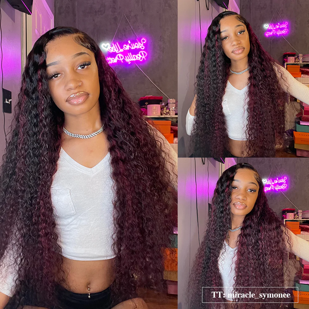 Clearance Sale | 99J Burgundy Kinky Curly Wigs Transparent Lace Front Virgin Human Hair Wigs