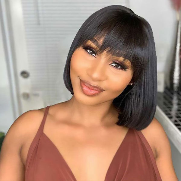 Straight Short Bob Wig Glueless Human Hair Wigs With Bangs For Women