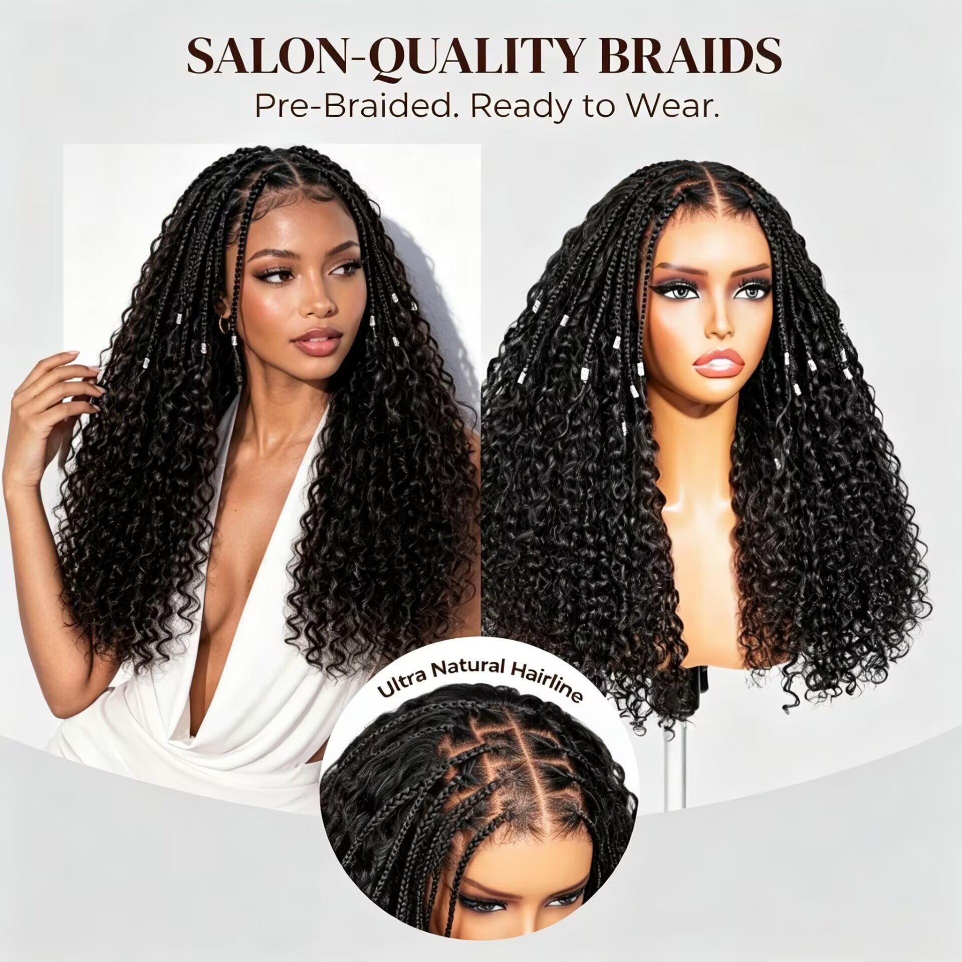 Zlike Knotless Box Braids 13x6 Lace Frontal Boho Deep Curly Glueless Wig With Drawstring Natural Black 100% Human Hair