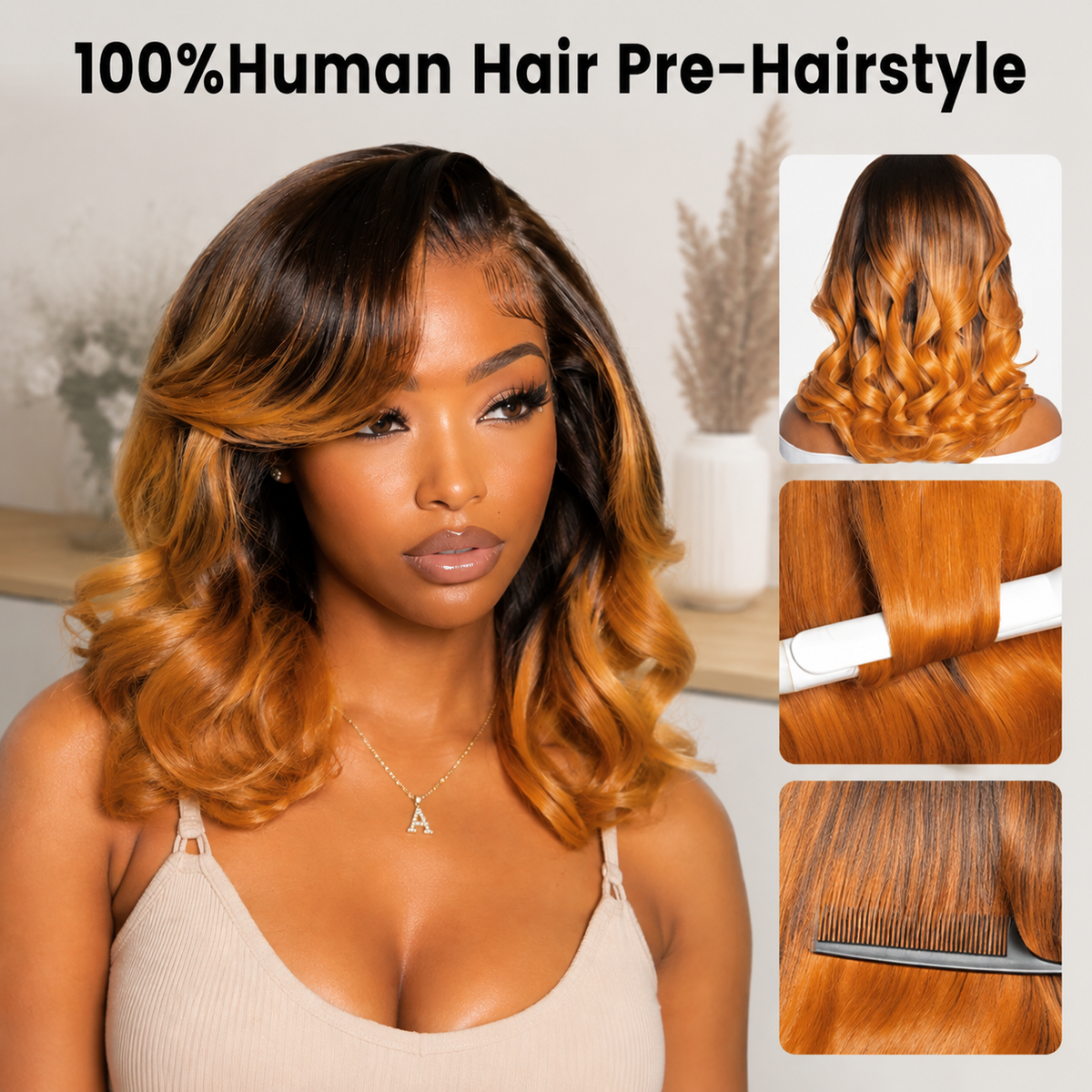 Zlike Brown Root Orange Ombre Glueless Short Bob Wig Pre-Styled Layered Waves Human Hair Wig