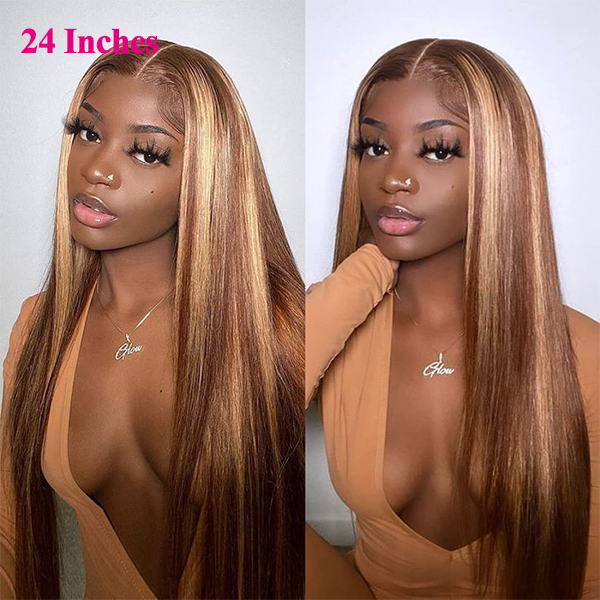 #4/27 Honey Blonde Highlights Straight Transparent Lace Closure Wig Glueless Human Hair Wigs