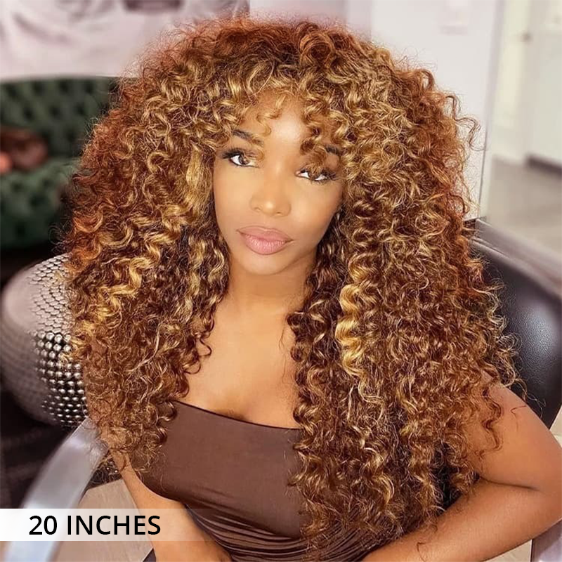 Zlike 300% Density Honey Blonde Highlight 13x4 Lace Front Jerry Curly Wigs With Bangs 100% Human Hair Wigs