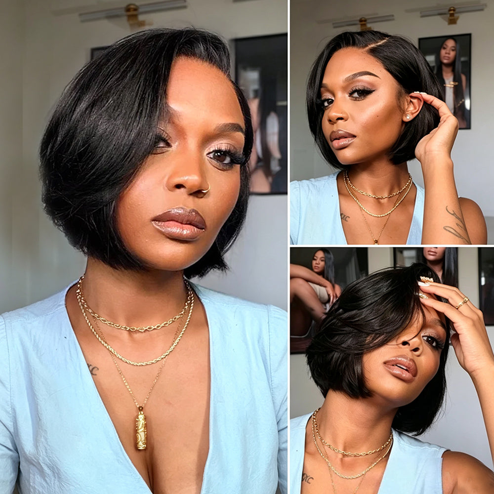 Zlike 180% Density Sleek Short Bob Wigs Pre-Cut Transparent Lace Glueless Human Hair Wigs Natural Hairline