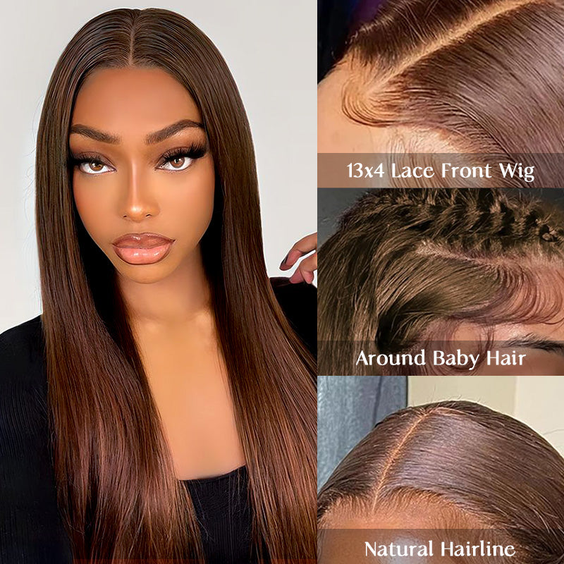 #4 Chocolate Brown Pre Plucked Silky Straight Transparent Lace Front Human Hair Wigs With Baby Hair