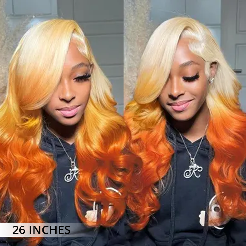 Zlike 613 Blonde Ombre Highlight Ginger Orange 13x4 Transparent Lace Front Human Hair Wigs