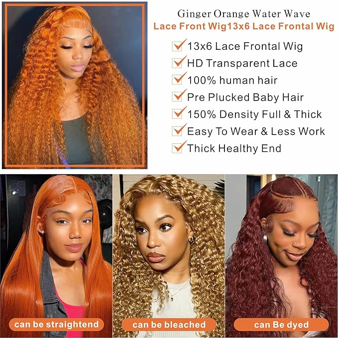 [ ZLIKE Amazon Clearance ] #350 Orange Colored Water Wave Human Hair Wigs Pre Plucked Transparent Lace Front Wig