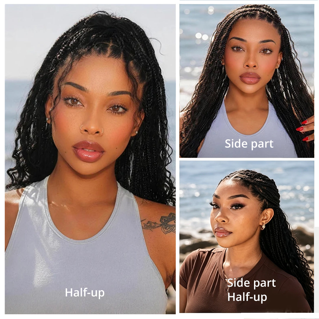 Zlike Light Weight Flexi-Fit Invisi Drawstring Cap Full Lace Knotless Boho Curls Braided Long Wig Super Natural Scalp Pre-Cut Lace