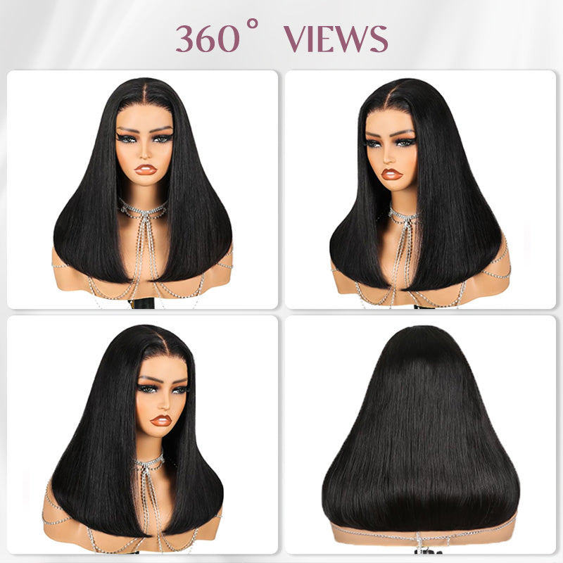 300% Density Bob Lace Wig Pre Cut Straight Human Hair Lace Closure Wigs Bleach Knots