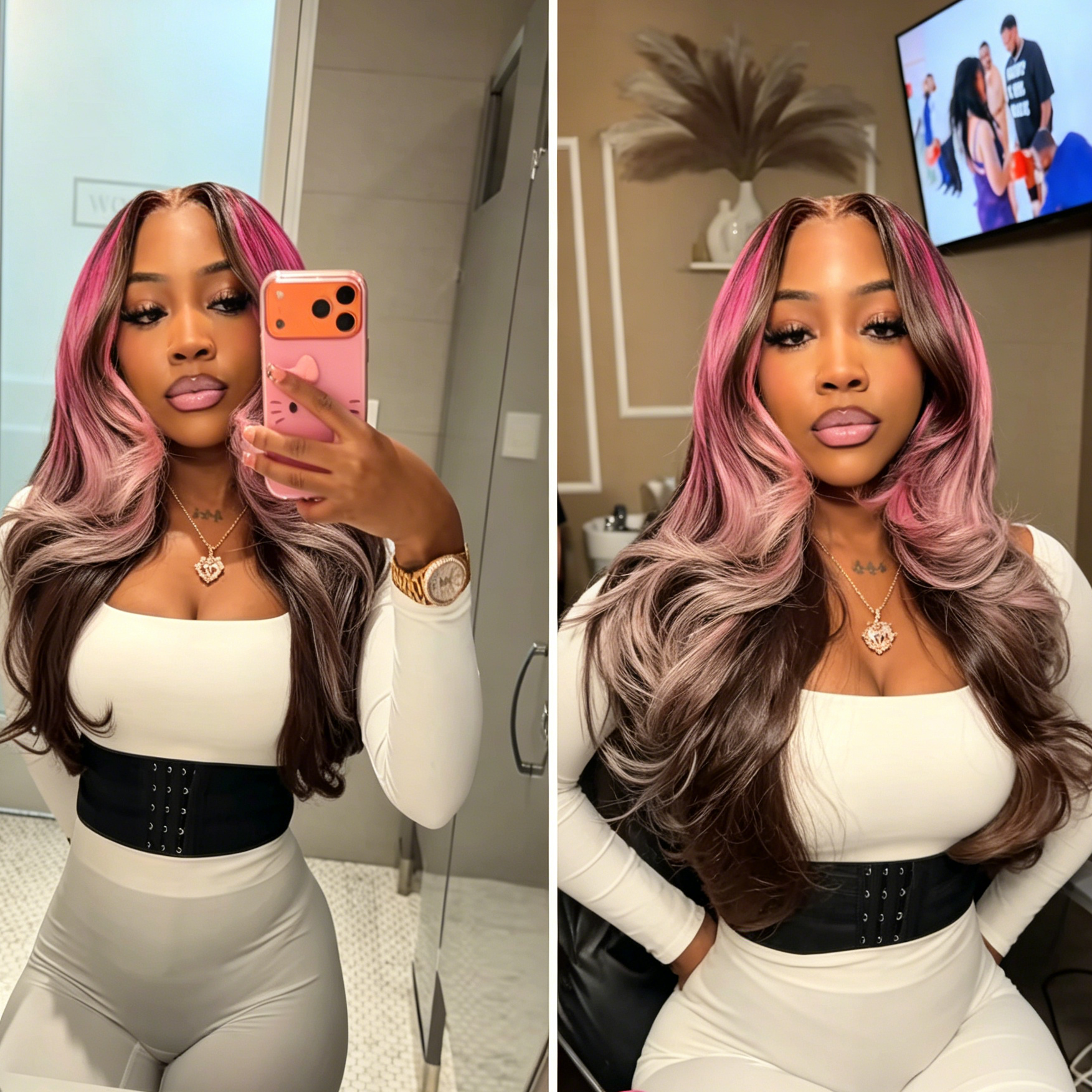 Zlike Pink Money Piece Smoky Ombre Body Wave Human Hair Glueless Wigs Pre-Cut 13x4 Transparent Lace Drawstring