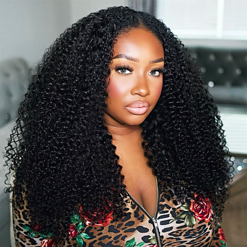 Thick Fluffy Human Hair Lace Closure Wigs Afro Curly Transparent Lace Wig For Black Women