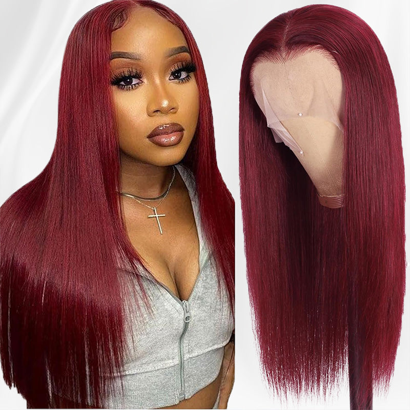 Pre Plucked 99J Red Colored Straight Transparent Lace Front Human Hair Wigs Natural Hairline