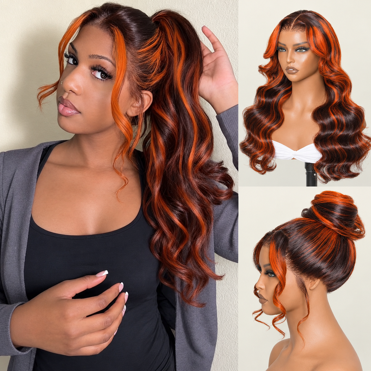 Zlike Ginger Highlight Body Wave Wig 360 Lace Frontal Invisi Strap Snug Fit Human Hair Wigs