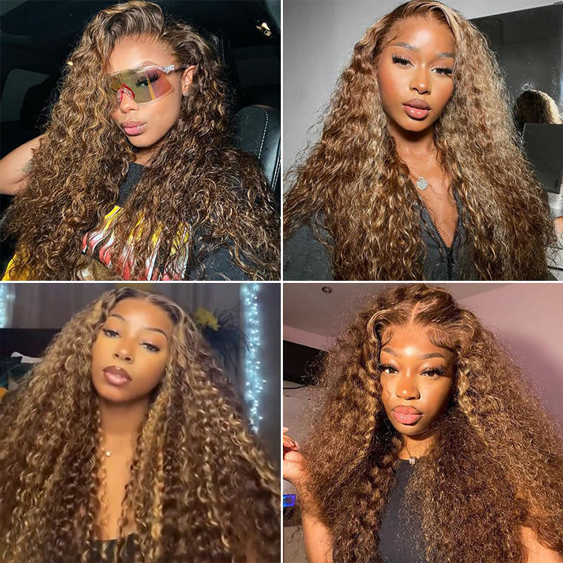 Natural Hairline Kinky Curly Lace Wig #4/27 Honey Blonde Highlights Colored Human Hair Wigs