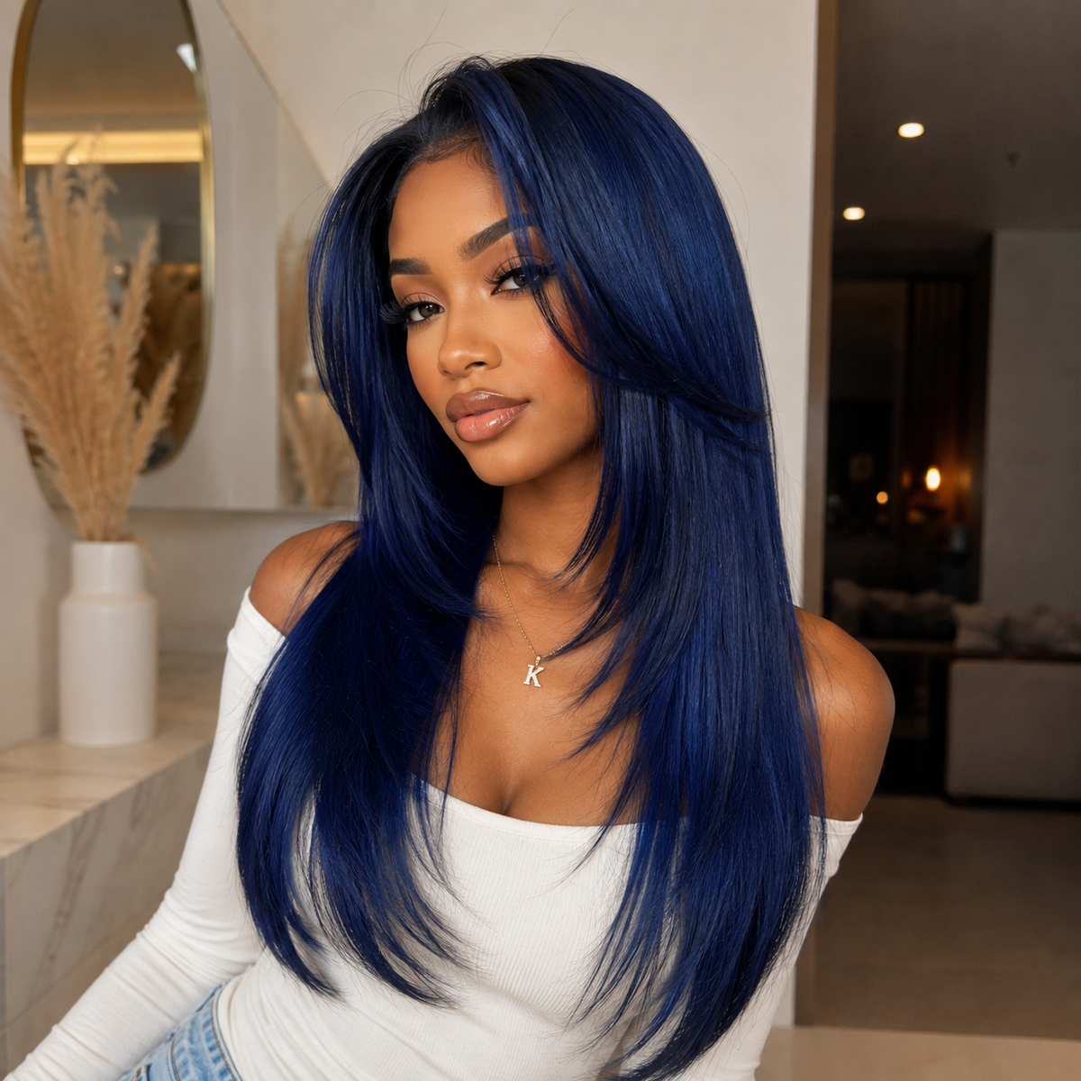 Zlike Dark Blue Wear & Go Glueless Synthetic Lace Front Wig Pre-Cut Pre-Plucked Long Layered Straight Wig