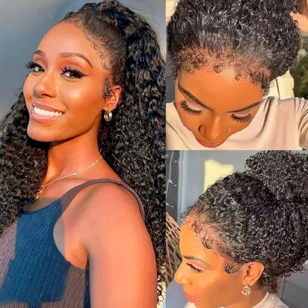 Zlike 4C Curly Edge 300% Density Human Hair Wigs Water Wave Pre Cut Glueless Invisi-Band 360 Lace Frontal Wigs