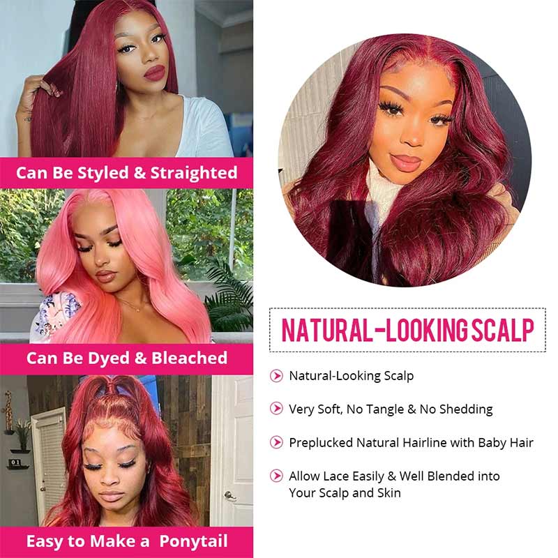 Burgundy 99J Colored Wig Body Wave Red Color Lace Front Human Hair Wigs