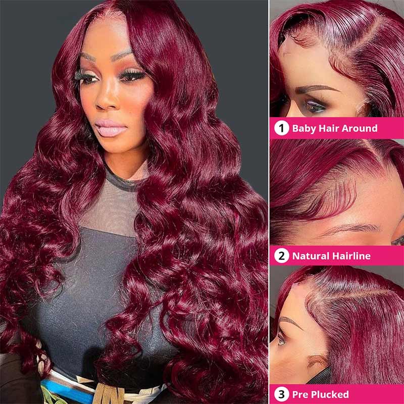 Burgundy 99J Colored Wig Body Wave Red Color Lace Front Human Hair Wigs