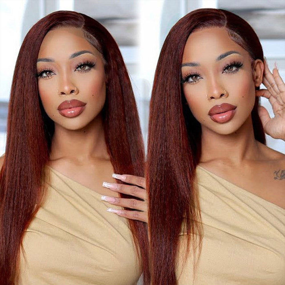 4x4 5x5 Lace Closure Glueless Reddish Brown Colored Yaki Straight Human Hair Wigs