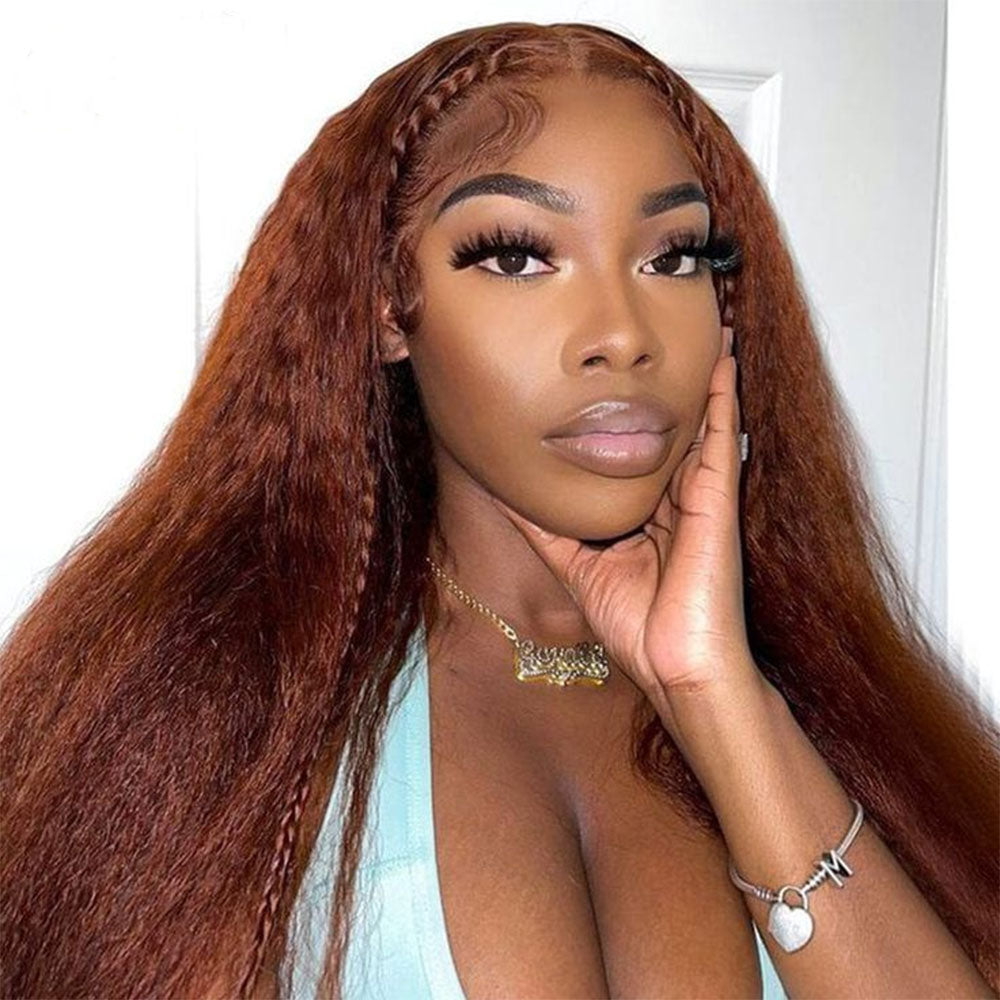 4x4 5x5 Lace Closure Glueless Reddish Brown Colored Yaki Straight Human Hair Wigs