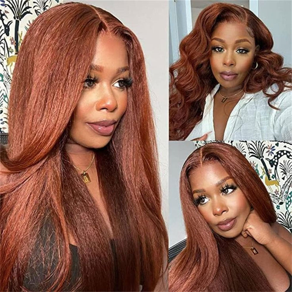 4x4 5x5 Lace Closure Glueless Reddish Brown Colored Yaki Straight Human Hair Wigs