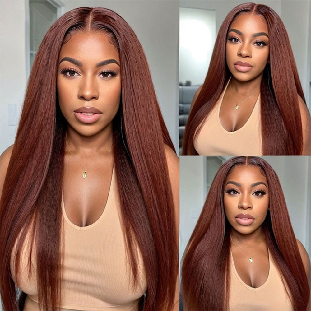 4x4 5x5 Lace Closure Glueless Reddish Brown Colored Yaki Straight Human Hair Wigs