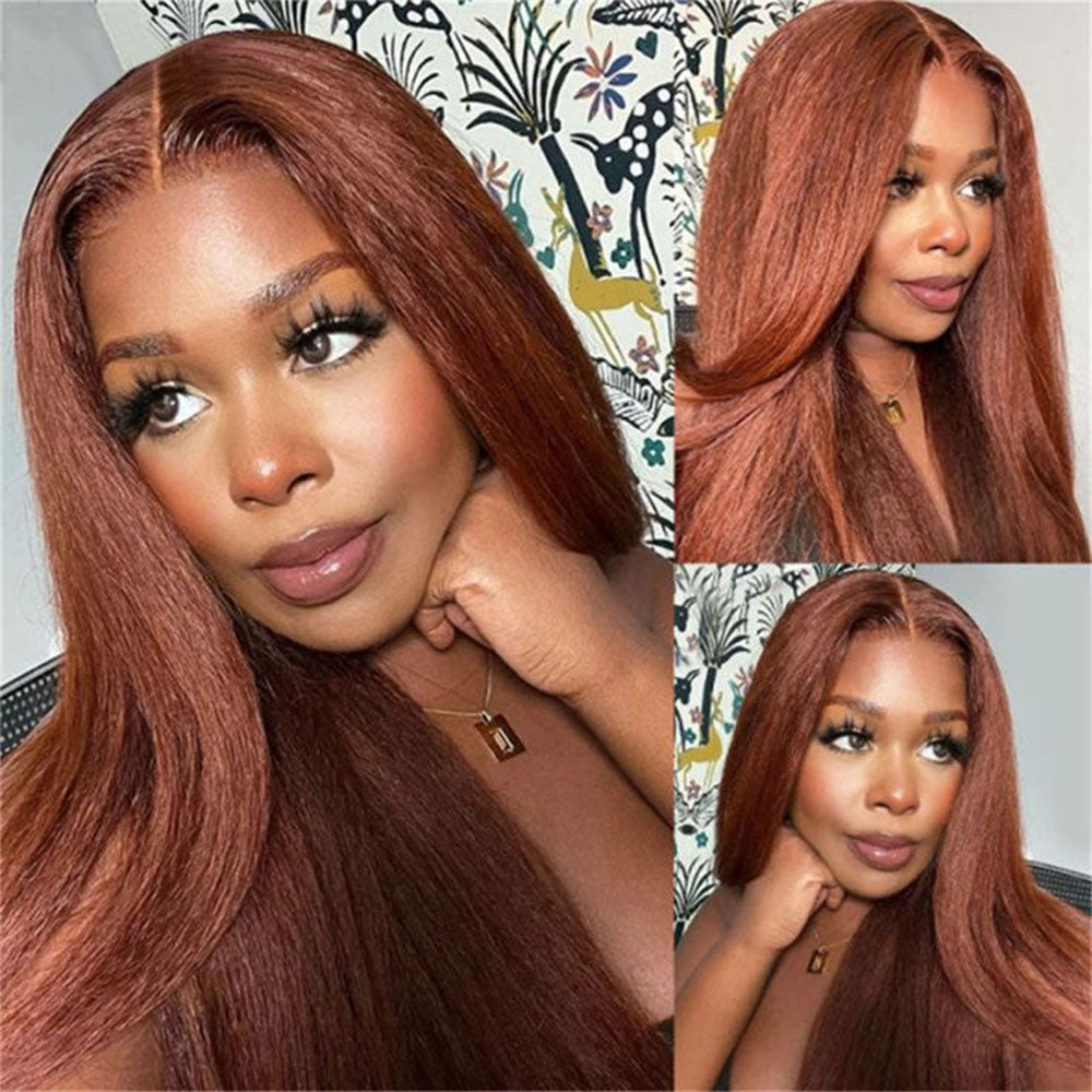 4x4 5x5 Lace Closure Glueless Reddish Brown Colored Yaki Straight Human Hair Wigs