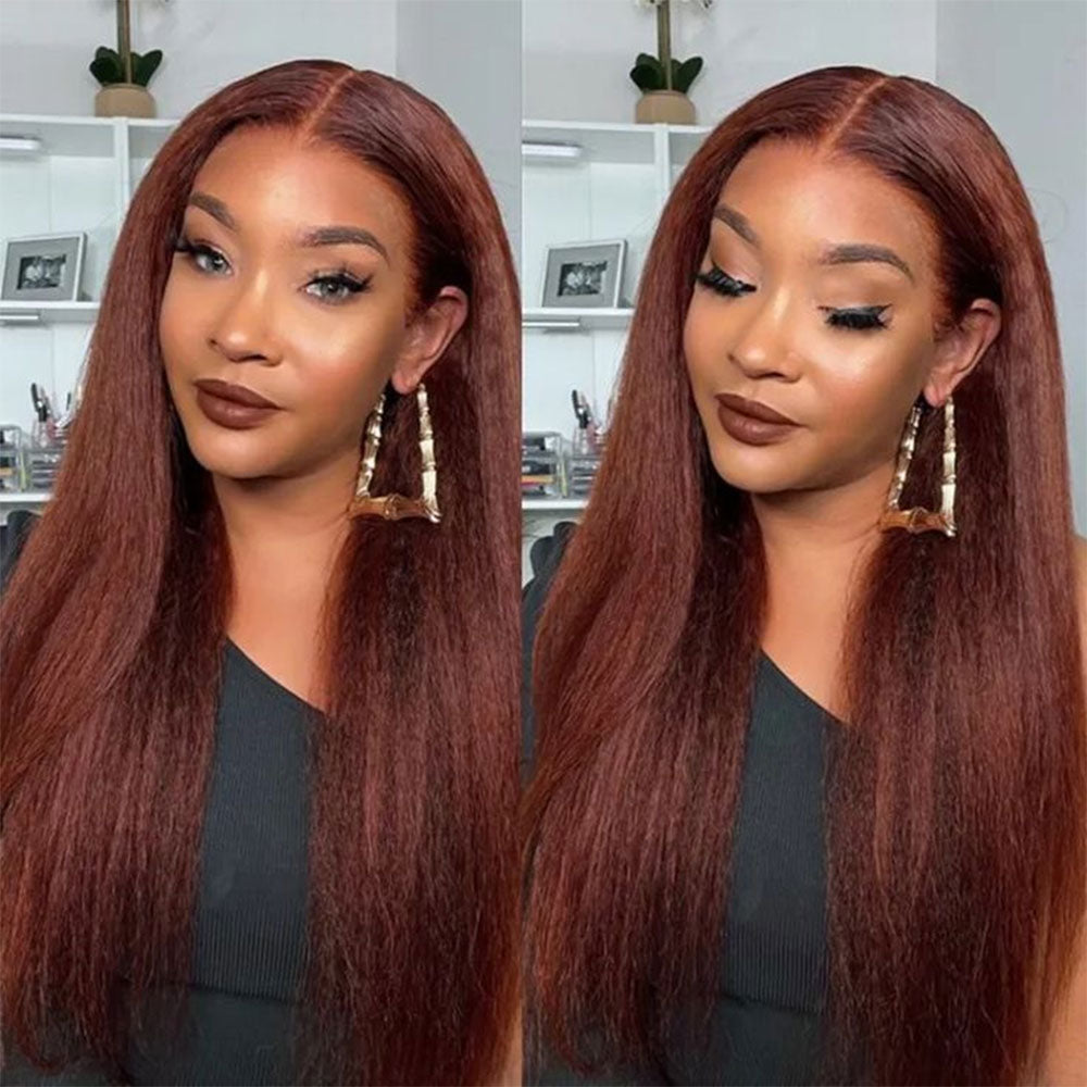 4x4 5x5 Lace Closure Glueless Reddish Brown Colored Yaki Straight Human Hair Wigs