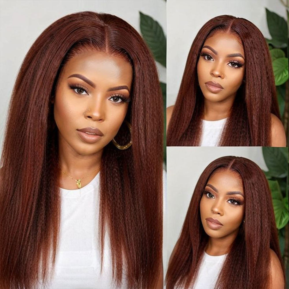 4x4 5x5 Lace Closure Glueless Reddish Brown Colored Yaki Straight Human Hair Wigs