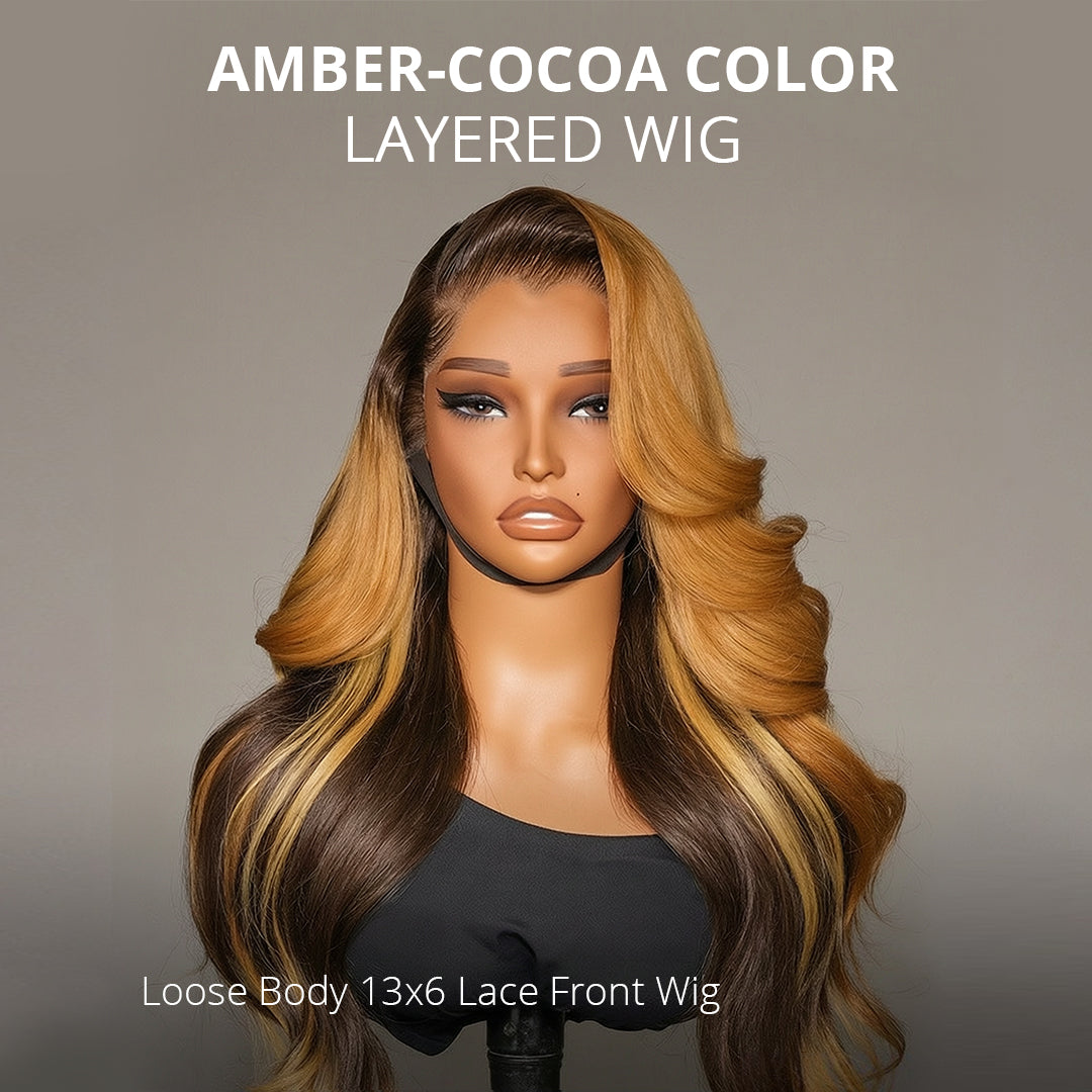Zlike Amber Cocoa Highlight Body Wave 13x6 Transparent Lace Front Wigs M Hairline With Drawstring Glueless Human Hair Wigs