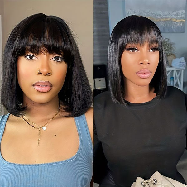 Straight Short Bob Wig Glueless Human Hair Wigs With Bangs For Women