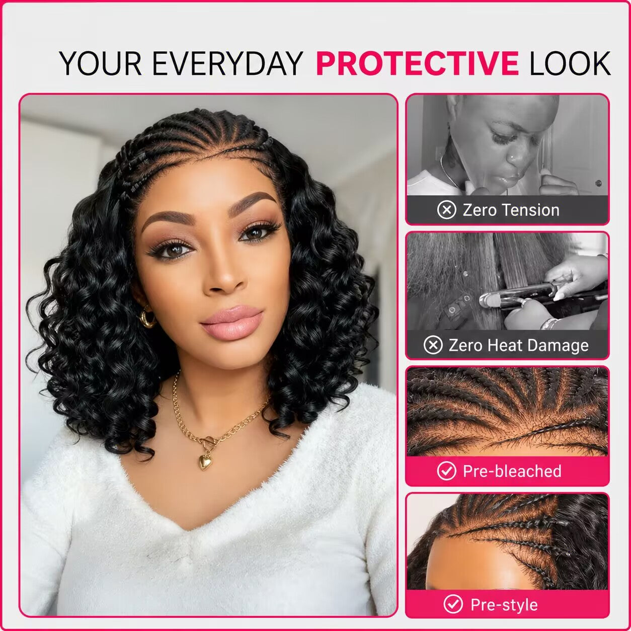 Zlike Boho Braids Water Wave Human Hair Wig Glueless 7x5 Closure Lace Wig Pre-Braided Pre-Cut HD Lace