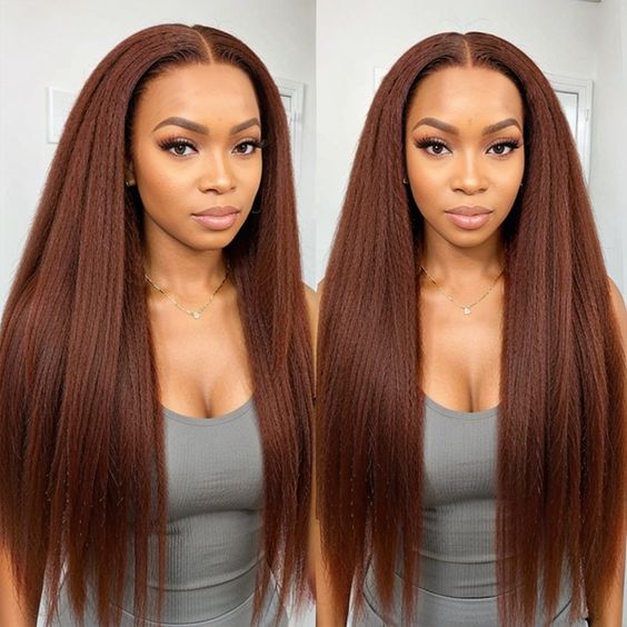 Reddish Brown Yaki Straight 13x4 Lace Frontal Human Hair Wig | Flash Sale