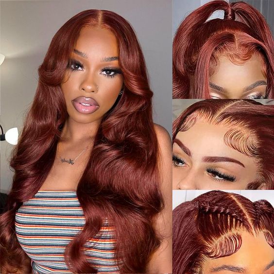 #33 Reddish Brown Colored Body Wave Transparent Lace Front Human Hair Wigs With Baby Hair