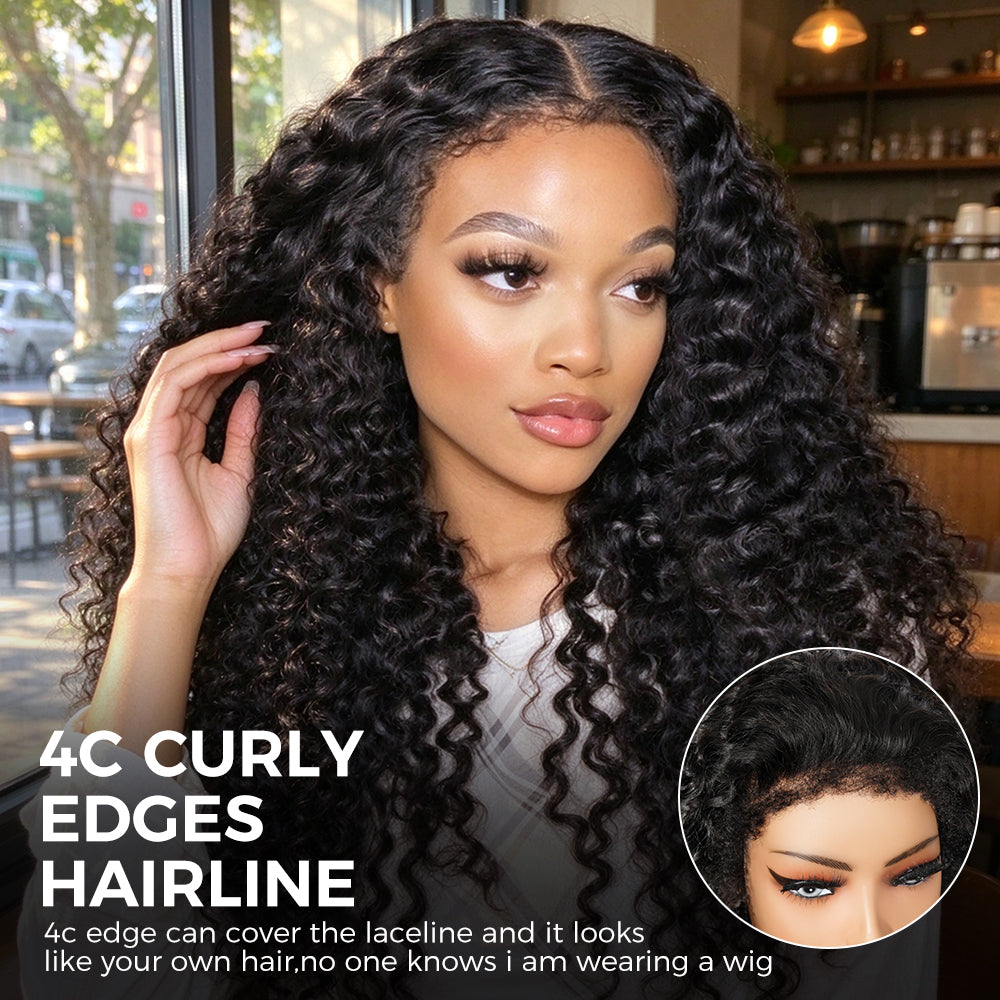 4C Curly Edges Invisi-Band 360 Kinky Curly Lace Front Wig Pre Bleached Human Hair Wigs With Curly Baby Hair