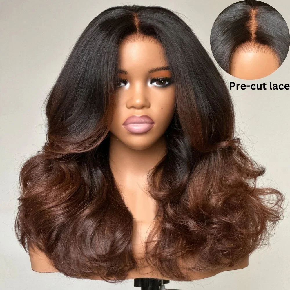Zlike 300% Density Heavy Layered Cut Ombre Brown Colored Glueless Lace Wig