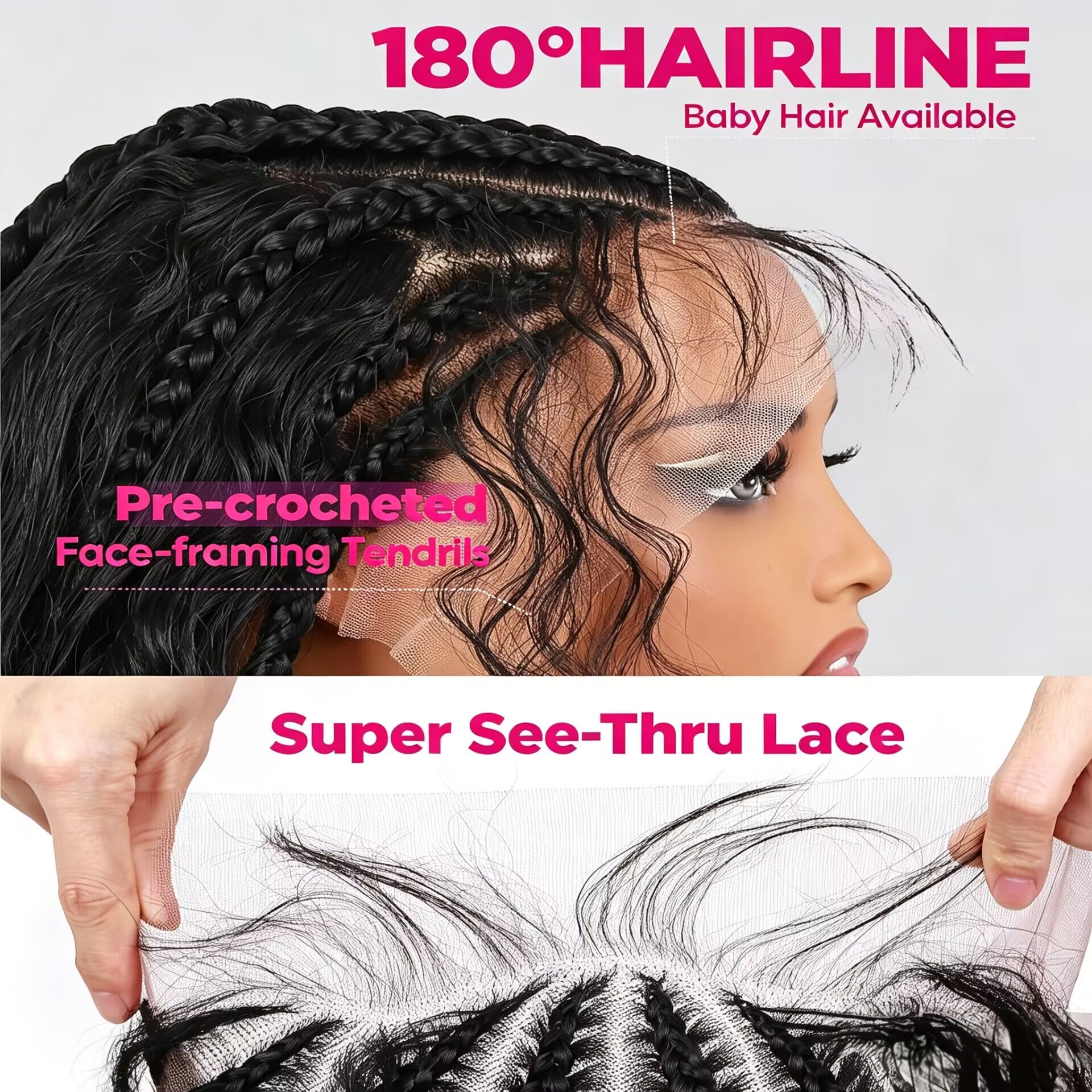 Zlike 13x6 Lace Front Cornrow Curly Boho Braids Wig Natural Black with Face Framing Pre Plucked Glueless Lace Frontal Wig with Baby Hair