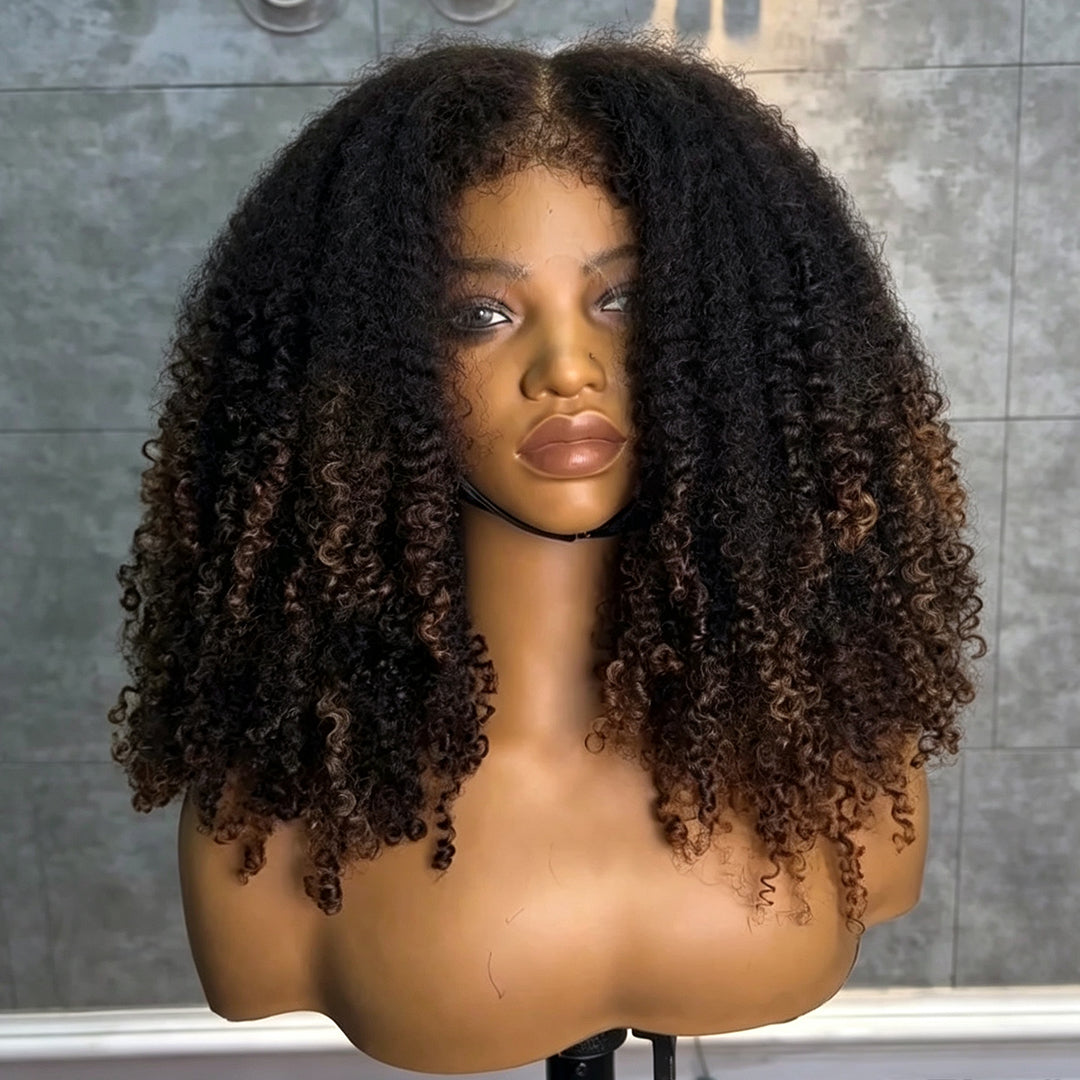 Zlike Ombre Black Brown Fluffy Afro Curly Coils Short Bob 4x4 Lace Frontal Human Hair Wigs
