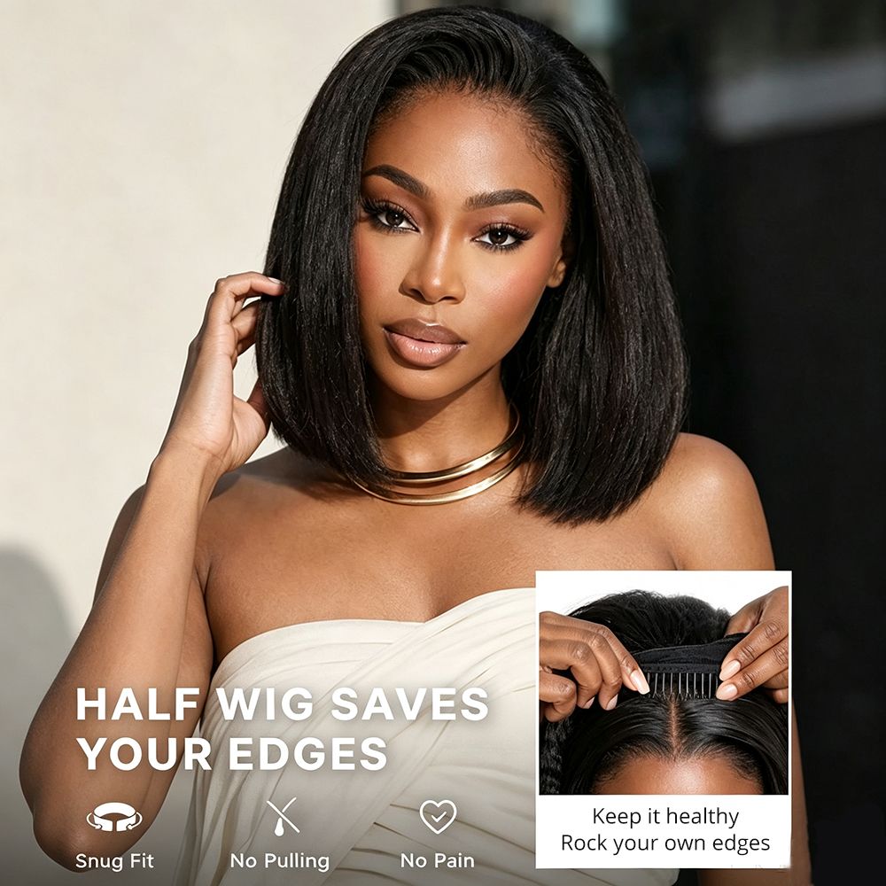 Zlike 3-In-1 Half Wig 180% Density Kinky Straight Bob Glueless Flexi-Fit Drawstring Wigs