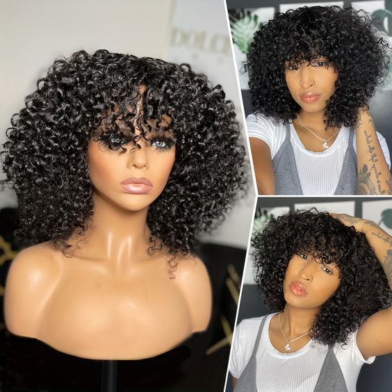 $129 = 2 Wigs | 10Inch Glueless Wear & Go Jerry Curly Bob Wig With Bangs + #4 Chocolate Brown Straight 4X4 Lace Closure Wig