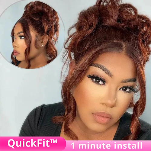 #33 Reddish Brown Glueless Invisi-Band Human Hair Wigs Body Wave Pre Cut 360 Lace Frontal Wig