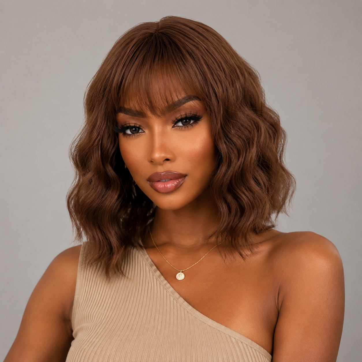 Zlike Ginger Brown Loose Deep Wave Bob Wig With Bangs 4x4 Lace Closure Human Hair Wig
