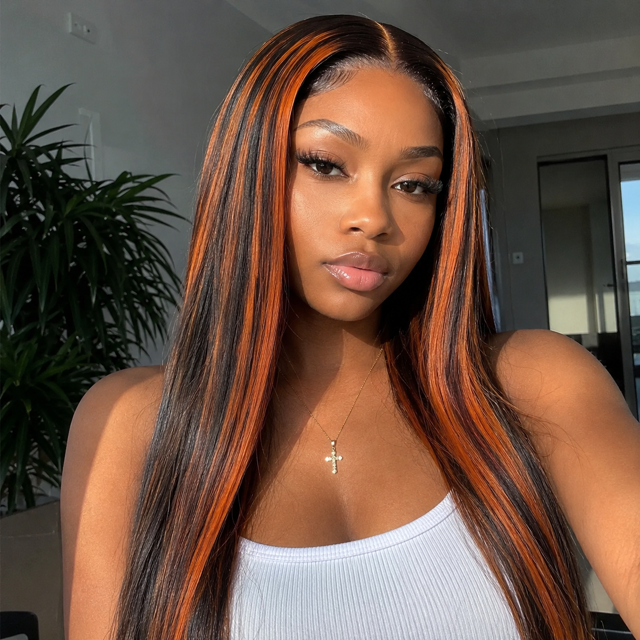 Zlike Pull Go 13x4 Lace Straight Auburn Ginger Highlight Glueless Wig with Drawstring Human Hair