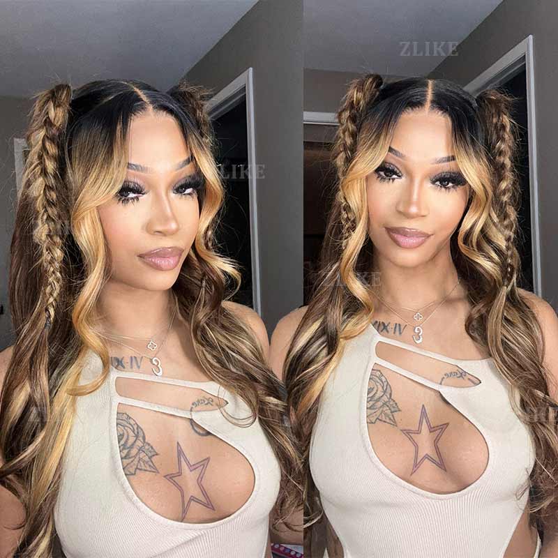 Zlike Black Roots Body Wave 4/27 Ombre Highlight Transparent Lace Front Human Hair Wigs