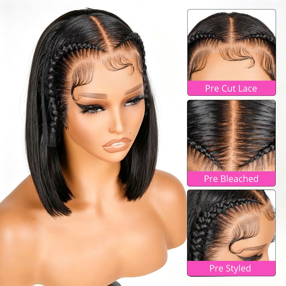 Zlike Ready To Go Straight Blunt Cut Bob Wigs 13x4 Front Wigs With Braids in Front